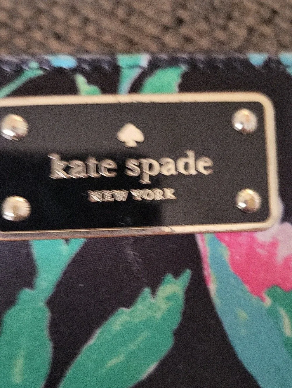 kate spade black wallet with green & pink hummingbird print